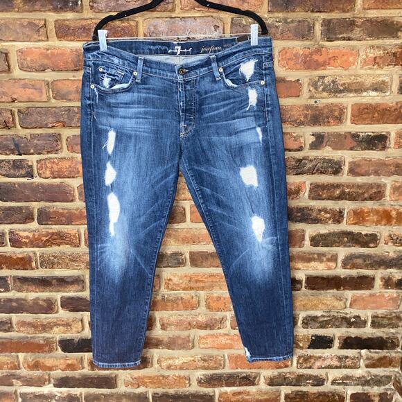 7 For All Mankind Dark Blue Distressed Denim Josefina Skinny Boyfriend Jeans 32 - Picture 1 of 8